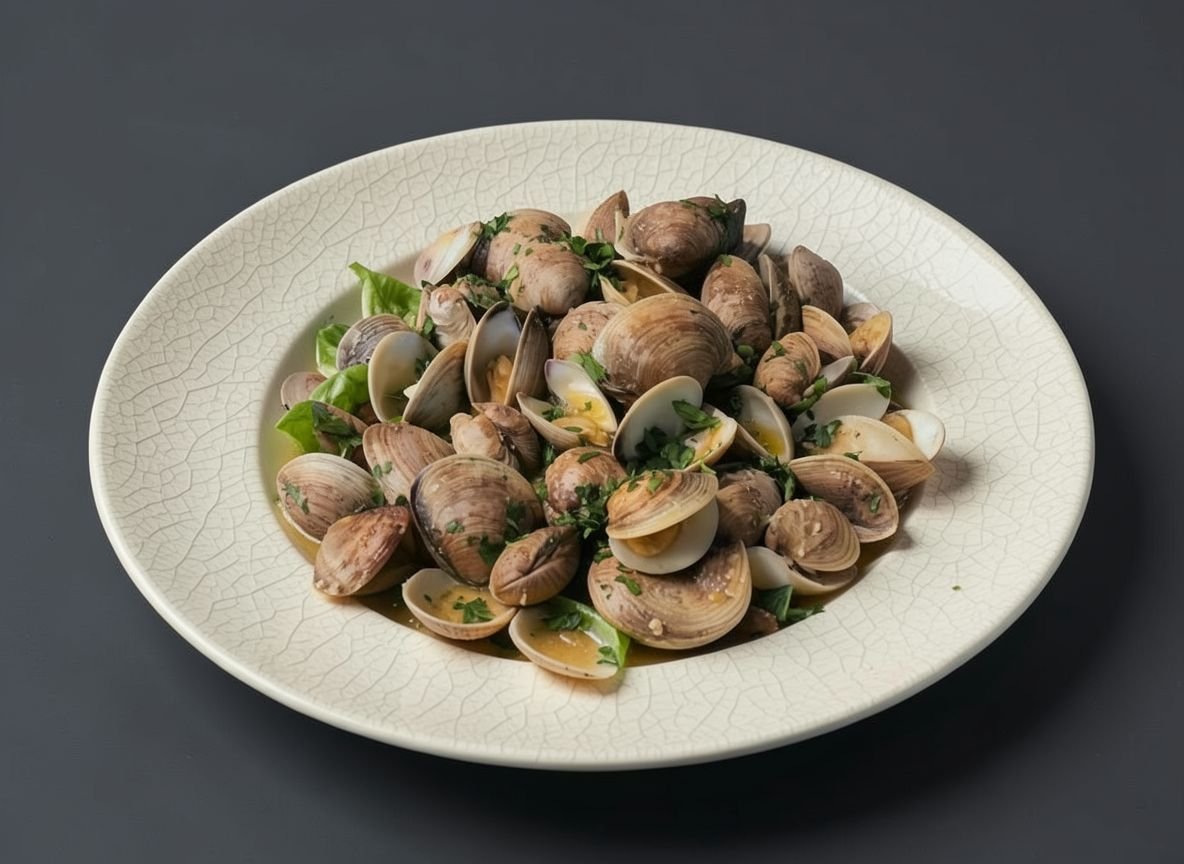 Корбикула на пару с чесночным маслом и вином