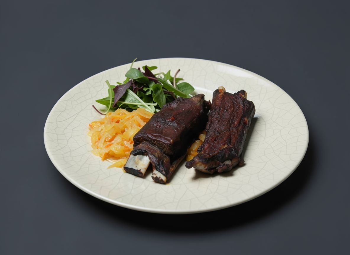 Ребра дикого кабана, запеченные под соусом барбекю, с тушеной квашеной капустой