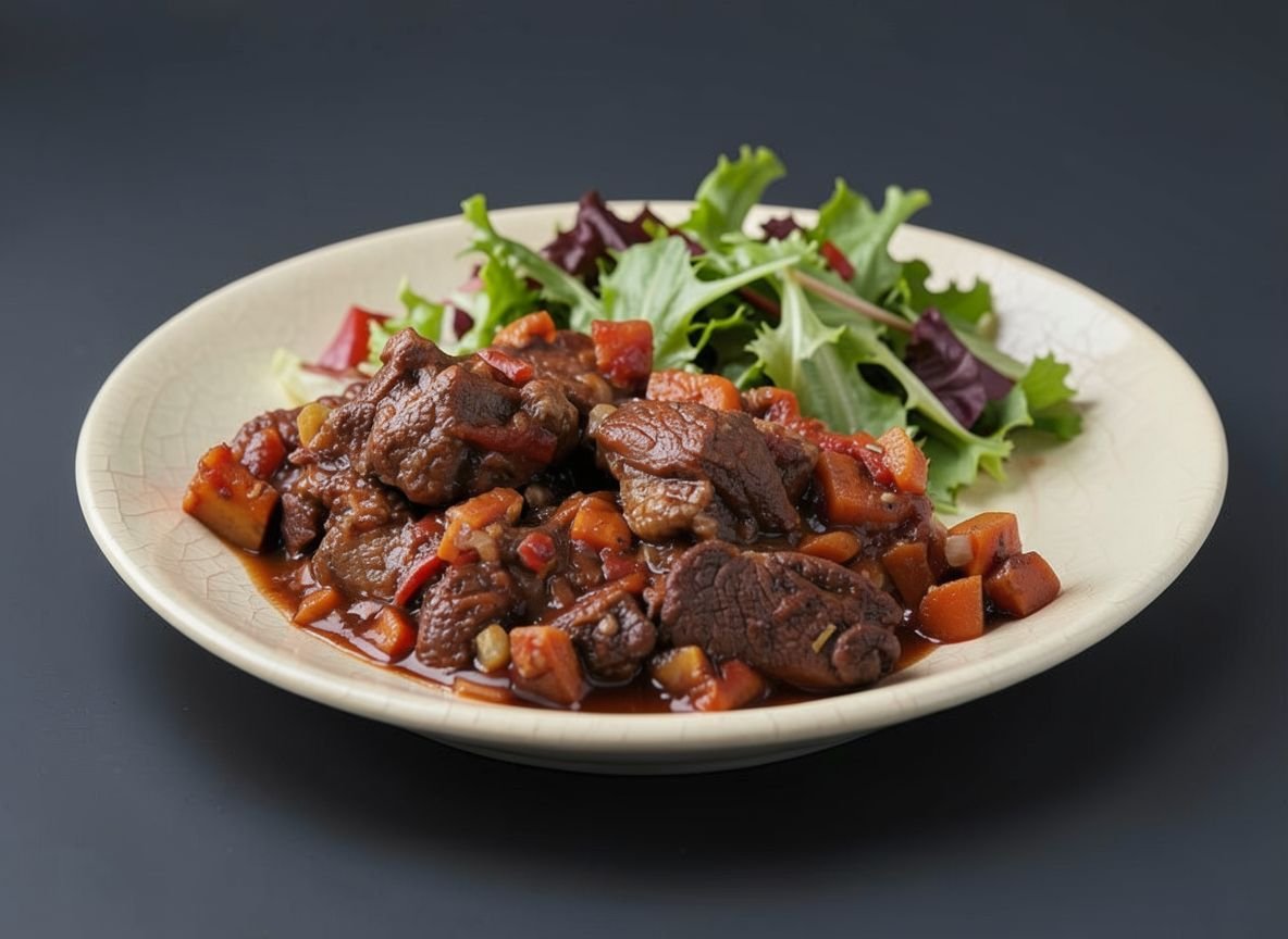 Дикий кабан, маринованный в белом вине, с беконом и овощами