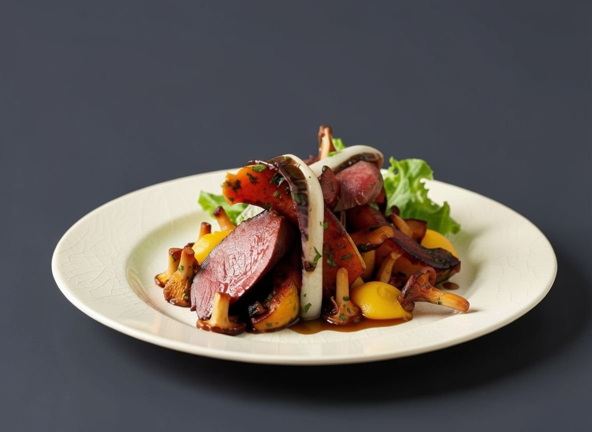 Жареная корейка оленя с мускатной тыквой, лисичками и салатом радичио