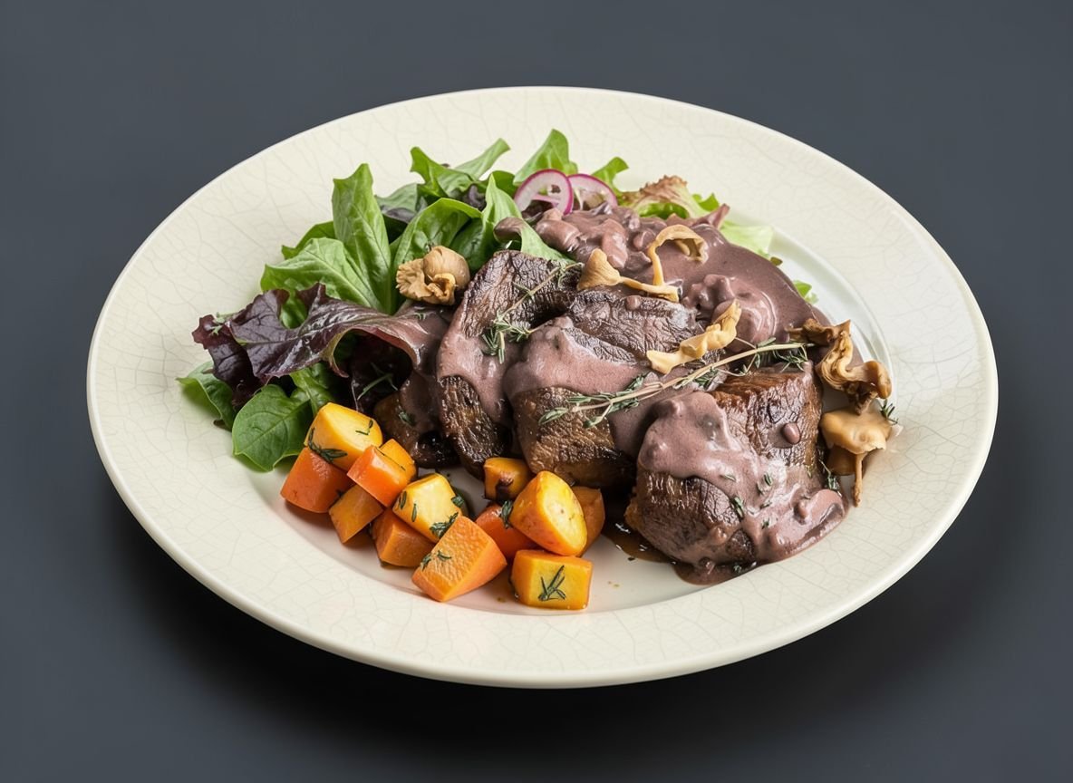 Стейк из страуса с вином и грибным соусом