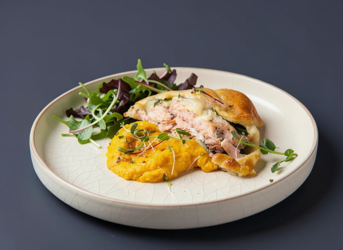 Красная рыба (горбуша) в тесте со шпинатом и хумусом из тыквы