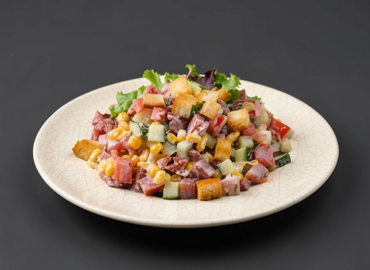 Салат с колбаской и хрустящими сухариками