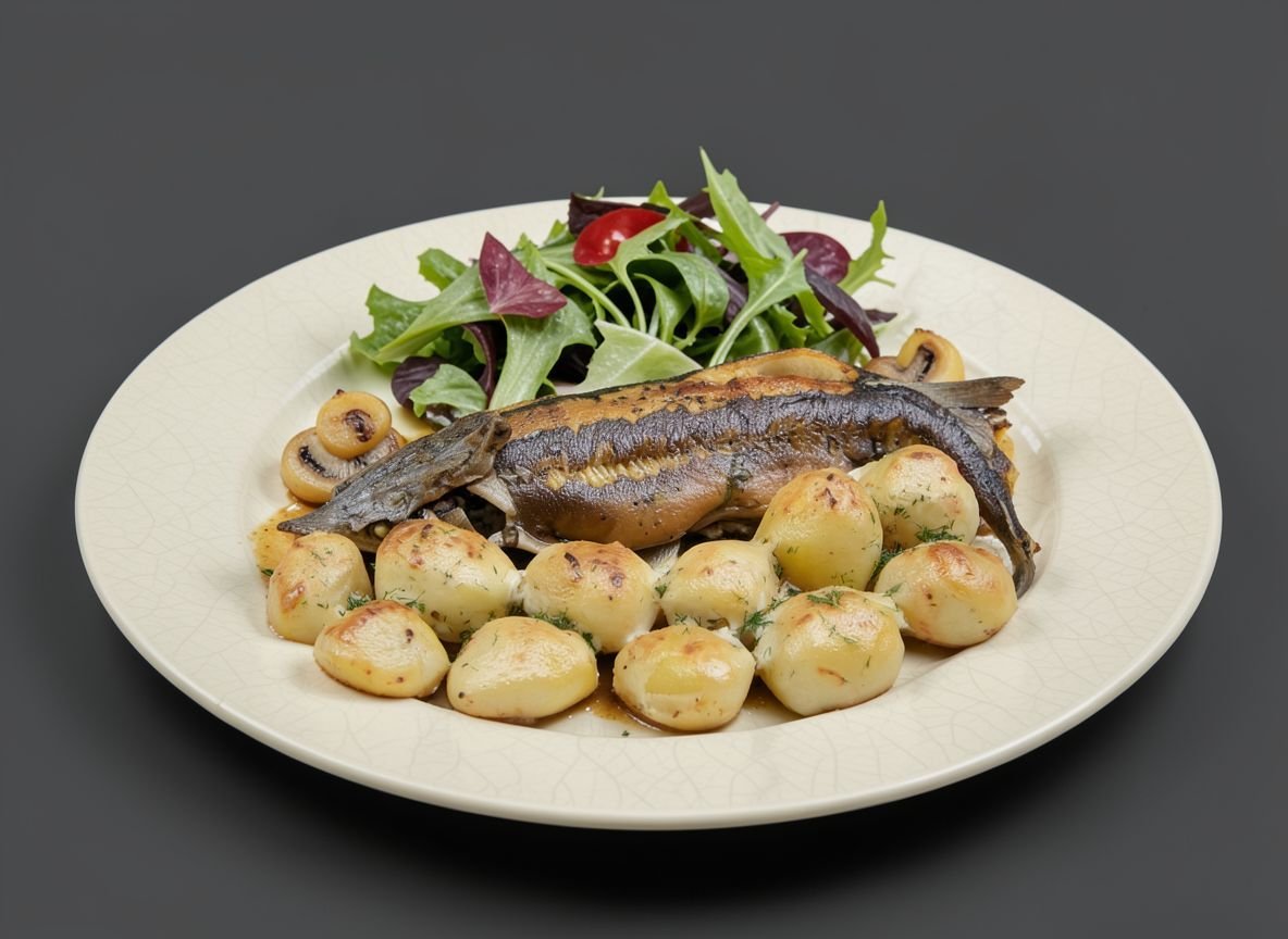 Запеченная стерлядь в духовке с картошкой и грибами