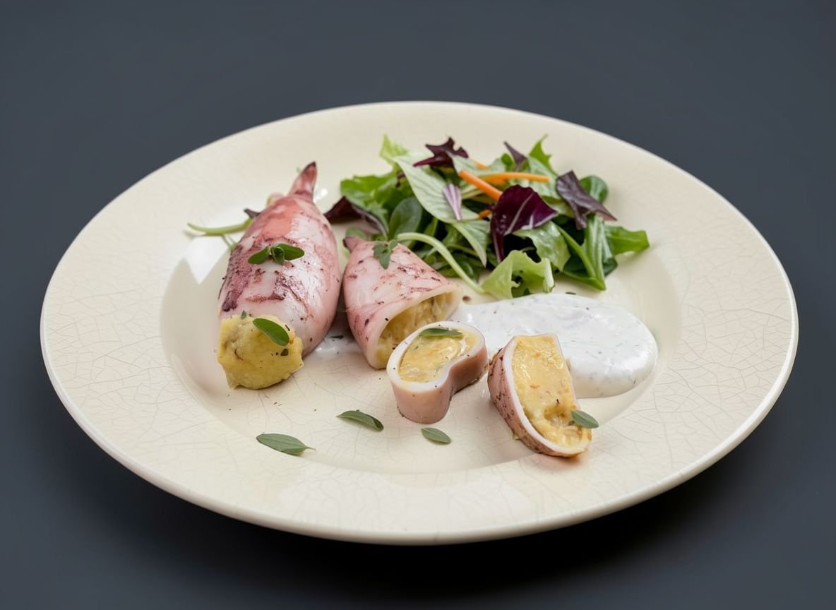 Видеорецепт из кальмара - Запеченные кальмары, фаршированные картофельным пюре, с йогуртовым соусом