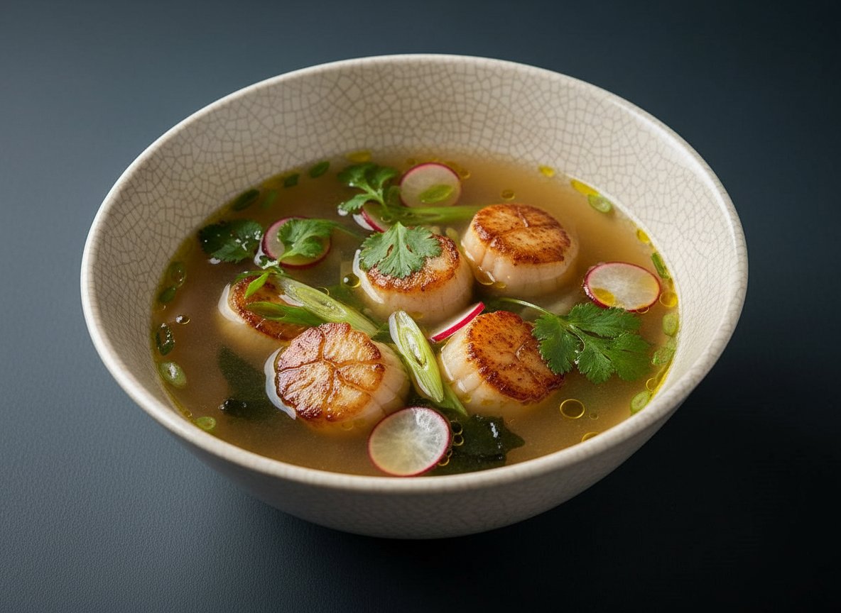 Видеорецепт из гребешка - Мисо-суп с жареными морскими гребешками, нори и кориандром