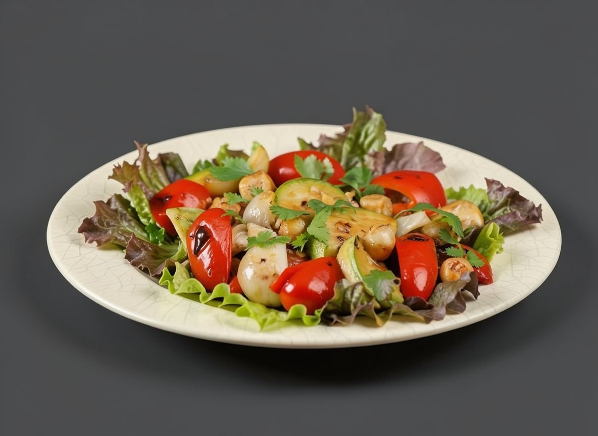 Видеорецепт из гребешка - Тёплый салат с гребешками и овощами гриль