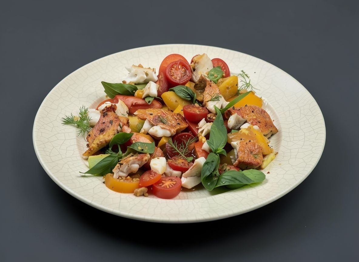 Видеорецепт из кефали - Обжаренная кефаль с хрустящими панировочными сухарями и салатом из помидоров и ароматных трав