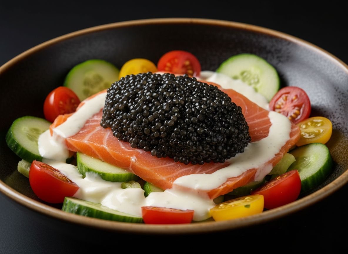Видеорецепт из осетра - Салат с осетриной и чёрной икрой