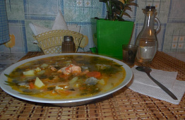 Двойная уха из сома и красной рыбы