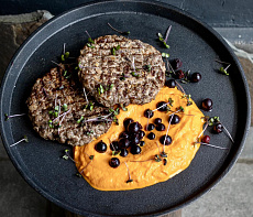 Бифштекс из косули с морковным кремом и мочёной чёрной смородиной