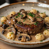Оссобуко из телятины с лесными грибами и гречневыми ньокки