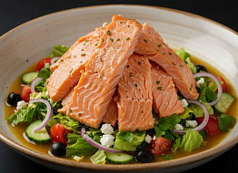 Греческий салат с тайменем