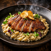 Цесарка «двойное конфи» с полбой, топинамбуром и трюфельным кремом