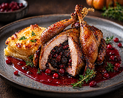 Рябчик фаршированный копчёным черносливом с брусничным соусом