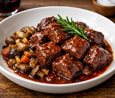 Голень оленя томлёная в красном вине с лесными грибами