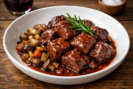 Нежнейшая голень оленя томлёная в красном вине с лесными грибами